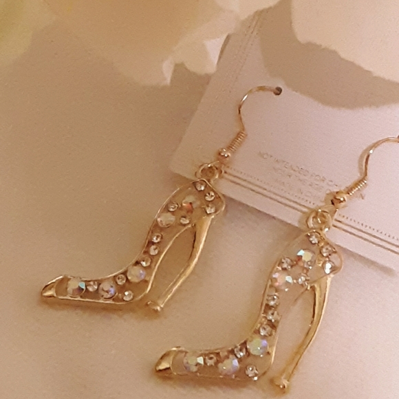 Hollow Heel Gold Irradecent Dangle Earrings NEW RHINESTONE - Picture 3 of 11